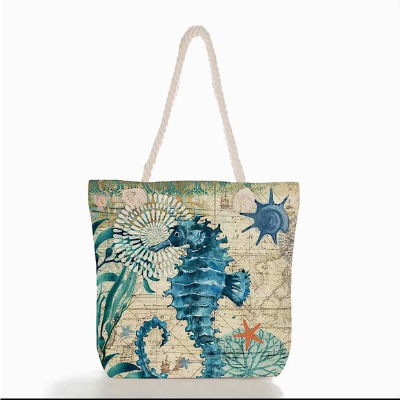 Handbags - Canvas Large Shoulder Beach Bag Tote Seahorse NEW Nautical